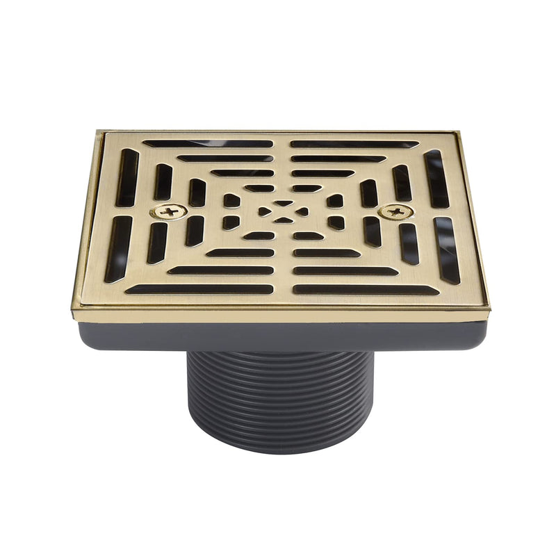 4-1/4 Inch Brushed Gold Shower Drain Square, Base with Adjustable Drain Flange Kit PVC, Removable Grille Strainer Drain Cover with Screws, SUS304 Stainless Steel Brass Face