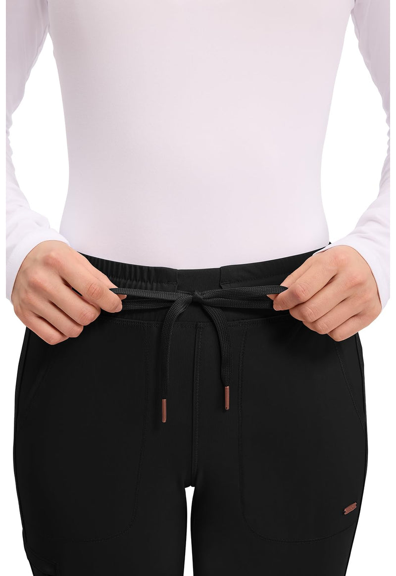 Cherokee Womens Mid Rise Tapered Leg Drawstring Scrub Pants 5 Pocket 360 Stretch Moisture Wicking Easy Care - CK095 Small Black