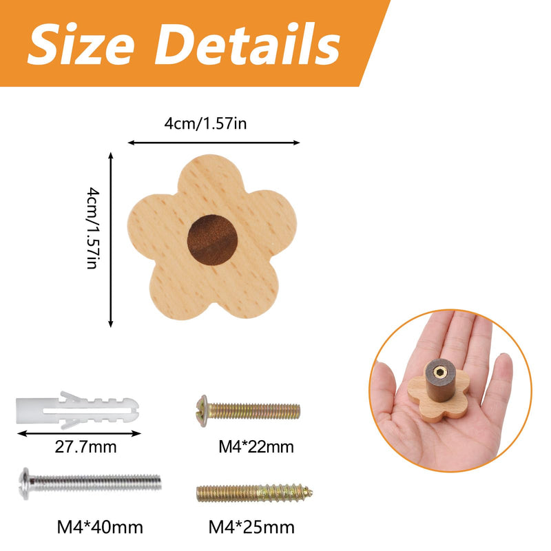 MOROBOR 12pcs Flower Shaped Wooden Knobs Single Hole Beech Wood Handles Cupboard Cabinet Pulls for Chest of Drawers with Screws& Expansion Tube 4CM Wood-12PCS