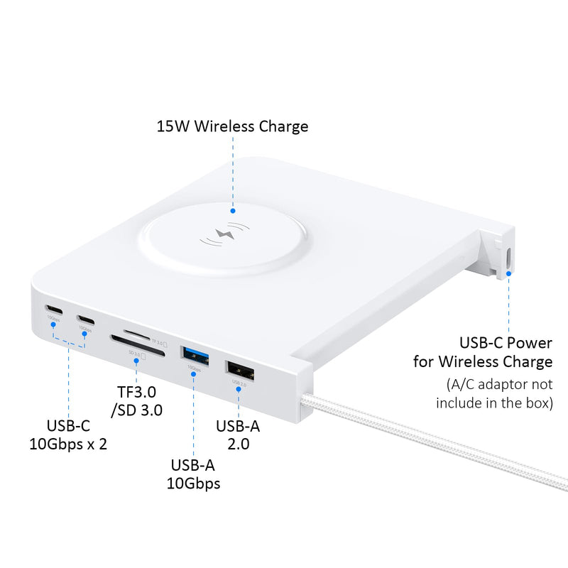 USB C Hub for iMac 24-inch 2021/2023/2024, 10Gbps USB-C*2 & USB-A, SD/TF Reader, 15W Wireless Charge, Accessory Adaptor for iMac M1 M2 M4