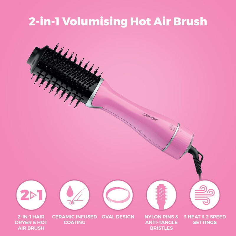 Carmen Oval Hot Air Brush with Ceramic Infused Barrel, 3 Heat & 2 Speed Settings, Nylon Pins & Anti-Tangle Bristles, 360° Anti-Tangle Swivel Cord, 1300W, Pink, C81243PNK