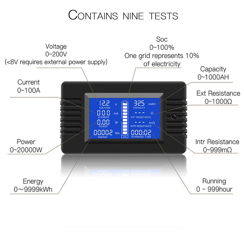 DC Multifunction Battery Monitor Meter,0-200V,0-100A (Widely Applied to 12V/24V/48V RV/Car Battery) LCD Display Digital Current Voltage Solar Power Meter Multimeter Ammeter Voltmeter DC 100A Battery Meter（100A Shunt）