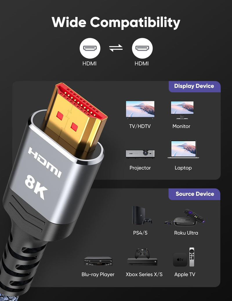 Highwings 8K HDMI 2.1 Cable 15FT 2-Pack, Slim Ultra High Speed HDMI Braided Cord-48Gbps,4K@120Hz 8K@60Hz, HDCP 2.2&2.3, Dynamic HDR,eARC,DTS:X,RTX 3090,Compatible with Roku TV/HDTV/PS5/Blu-ray 15 feet Grey