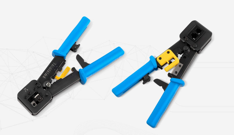 Everest Media Solutions RJ45 Crimp Tool Kit, with 50 Cat6 Pass Through Connectors and 50 Strain Relief Boots + Extra Blades - EZ Cut, Strip, Crimp Ethernet Cables - Professional Network Crimping Tool w/ Cat6 Plugs & Boots