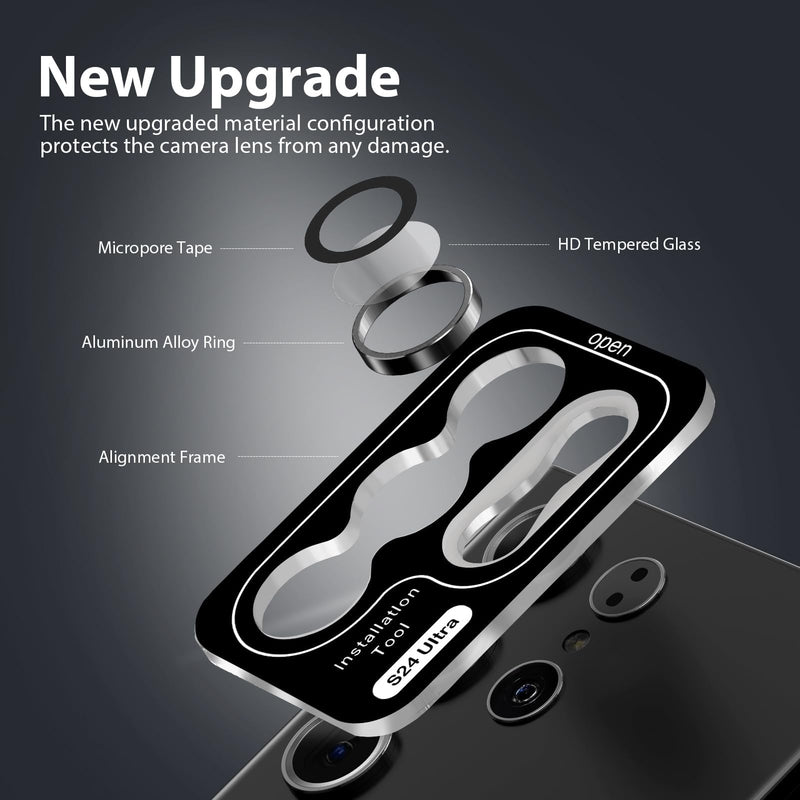 Camera Lens Screen Protector Designed for Galaxy S24 Ultra, Tempered Glass, Powerful Strength Adsorption Individual Aluminum Alloy Ring Lens Cover for Galaxy S24 Ultra Accessories, 1 Set Titanium black