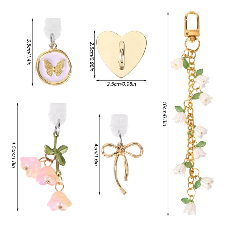 5pcs Mobile Phone Charm Set, Cute Flower Chain Charm with Heart Grip Holder & Dust Plug Ornaments Compatible with Kindle Paperwhite E-Reader Phone