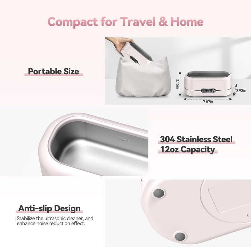 BYASKZIV Jewelry Cleaner Ultrasonic Machine, Upgraded 48KHz Ultrasonic Cleaner with 304 Stainless Steel for Jewelry, Eyeglasses, Rings, Watch Strap, Dentures-Pink Pink