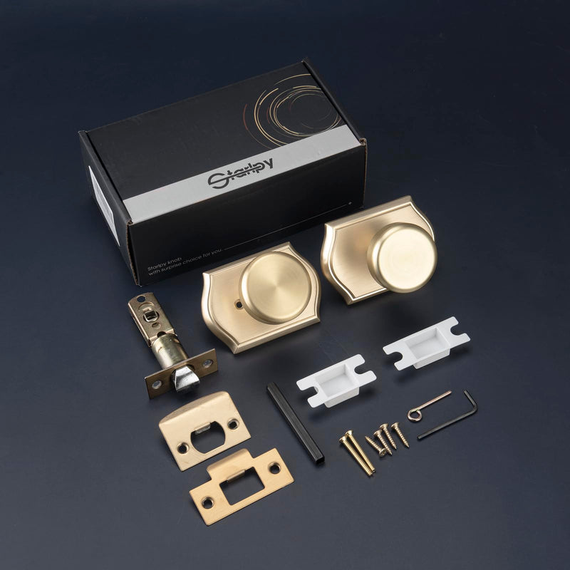 Brushed Gold Door Knob with Push Lock for Privacy Bath & Bedroom, Pismo Knob with Zinc Camelot Trim, Flexible Turning & Easy Release Lock 1 Brushed Gold