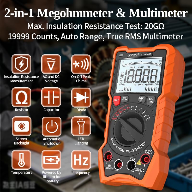 ZOYI ZT-1000R 2 in 1 Megohmmeter Multimeter, Max 1000V with DAR & PI, Insulation Resistance up to 20GΩ, 19999 Counts, AC/DC Diodes Ohm, TRMS, Auto-Ranging, Frequency and Temperature
