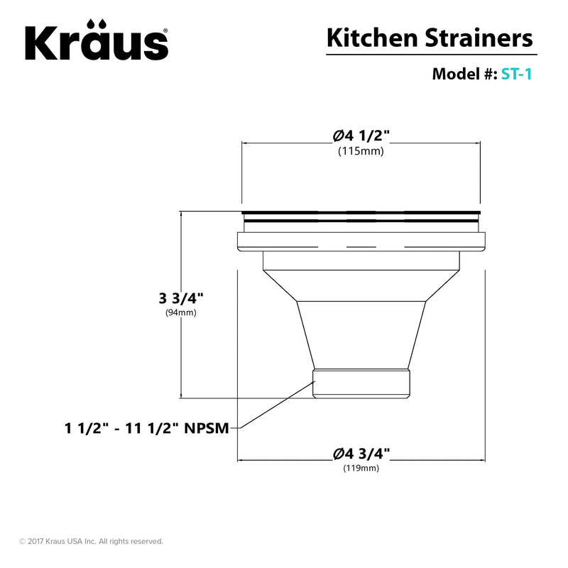Kraus Kitchen Sink Stainless Steel Drain Assembly with Strainer, Fits Standard 3.5 in. or 4 in. Drain Openings Round Drain Assembly w/ Strainer
