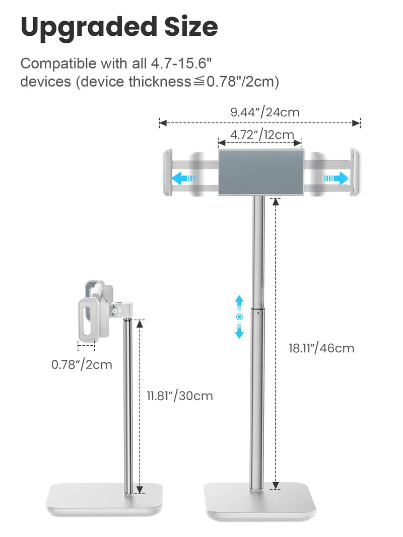 tounee Tablet Holder Stand, Height Adjustable Up to 18.11" Portable Monitor Stand, 4.4lb Holding Strength Tablet Cradle Mount Dock for 4.7"-15.6" iPhone, iPad, Kindle, eBook Reader-White White