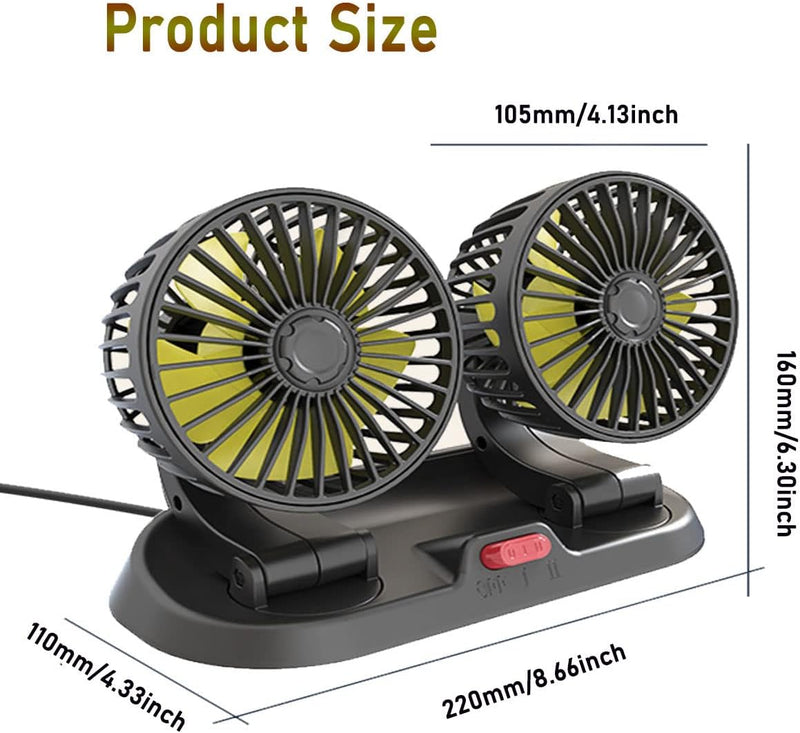 BESWORLDS Car Fan, 12V Portable Cooling Fan Dual Head 360 Degree Rotatable Telescopic 2 Speed Quiet Strong Dashboard Cooling Air Circulator Fan for Sedan SUV RV Boat Auto Vehicles Golf Carts black 8in