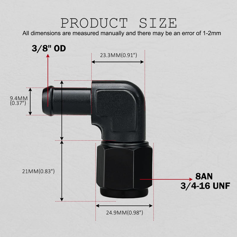 8AN Female to 3/8 Barb 90 Degree Hose Fitting Adapter Swivel Aluminum Black, Pack of 2 8AN to 3/8"