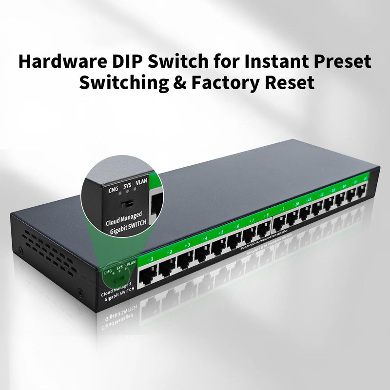 STEAMEMO 16-Port Gigabit Ethernet Switch | Smart Managed with VLAN & QoS | Plug & Play Desktop/Wall Mount Network Switch | Metal Enterprise Switch(Includes Power Adapter) 16 ports |Easy Managed