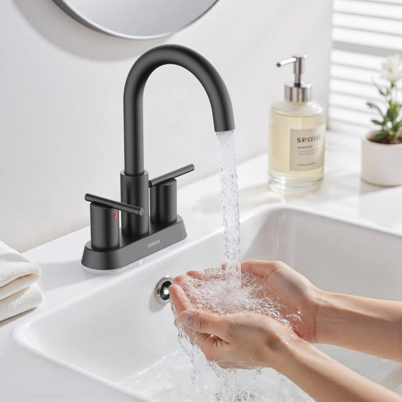 Hurran 4 Inch Bathroom Faucet for Sink 3 Hole, Matte Black Bathroom Faucet with Pop-up Drain and 2 Supply Hoses,Stainless Steel Lead-Free 2-Handle Centerset Faucet for Sink Vanity RV