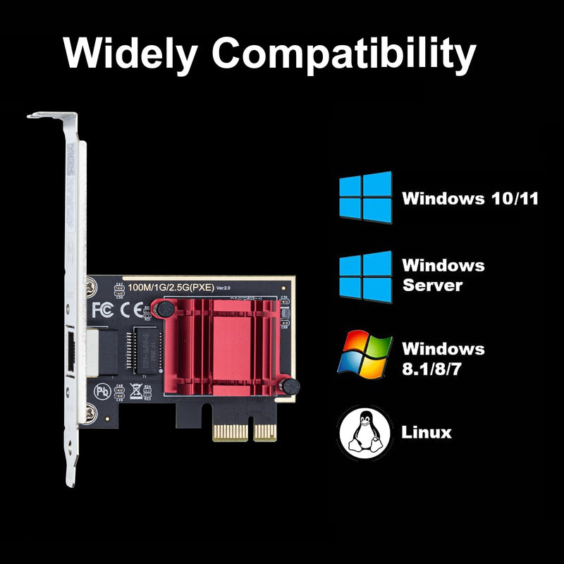 10Gtek 2.5G NIC PCIe Network Adapter 2500/1000/100Mbps PCIe Gigabit Ethernet Card, Single RJ-45 Port, with Realtek RTL8125 Controller, Support Windows Server/Ubuntu/Centos/Debian 1-RJ45 X1