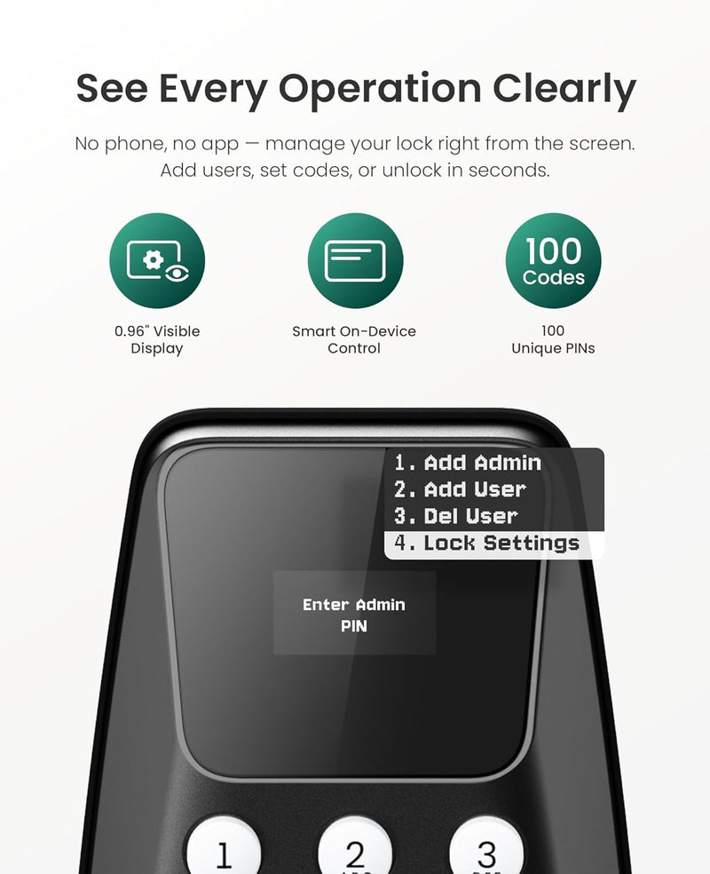 DESLOC C100 Keyless Entry Door Lock with Visual Display, 100 Customizable User Codes and 4 One-Pass Code, Door Locks for Front Door with 2 Keys,12 Months Battery, IP54, BHMA Grade 3, Auto Lock, Black Kepad
