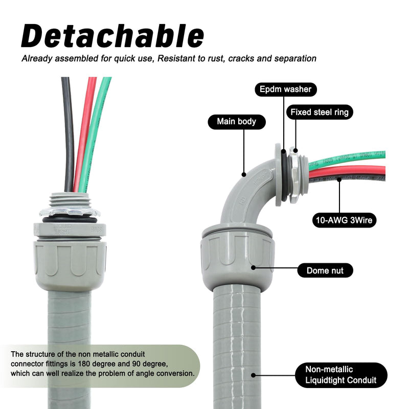 1/2" x 6Ft Power Whip Assembly Kit, Non-Metallic Liquid Tight Flexible Electrical Conduit with 10 Gauge Wire Electrical AC Whip Kit 1/2" x 6Ft