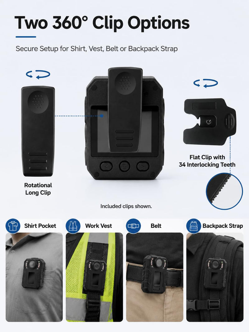 SPIKECAM 10 Hours Body Cameras with Audio and Video Recording, Real 1080P Body Cam for Security Guards, 2-Inch Screen Bodycam with Clear IR Night Vision, USB-C, 360° Clip 32G