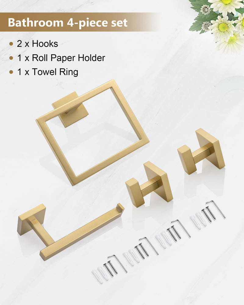 Brushed Gold Bathroom Hardware Set 4 Pieces, Toilet Paper Holder Set SUS304 Stainless Steel Bath Hand Towel Ring for Bathroom Hardware Accessories Set Wall Mounted Brushed Gold