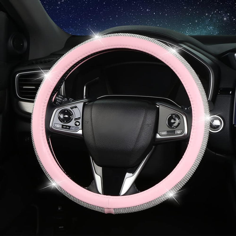 Steering Wheel Cover Women Pink Bling Diamond Steering Wheel Cover, Leather Cute Steering Wheel Covers with Crystal Rhinestones, Breathable, Anti-Slip Universal Fit 14.5-15 Inch Bling Car Accessories White Pink