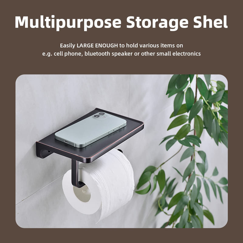 Toilet Paper Holder with Phone Shelf Storage, Wall Mounted Bathroom Accessories Rustproof Tissue Roll Holders Dispenser, Oil Rubbed Bronze