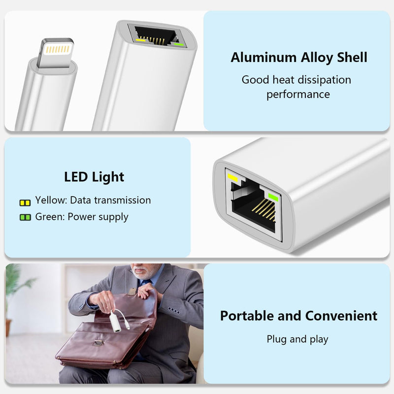 MFi Certified Ethernet Adapter Compatible with Lightning to RJ45 Ethernet LAN Network Adapter for i-Phone14/ 13/12/11/i-Pad/i-Pod, Plug and Play, Supports 100Mbps (Non-PoE) 7.8IN White
