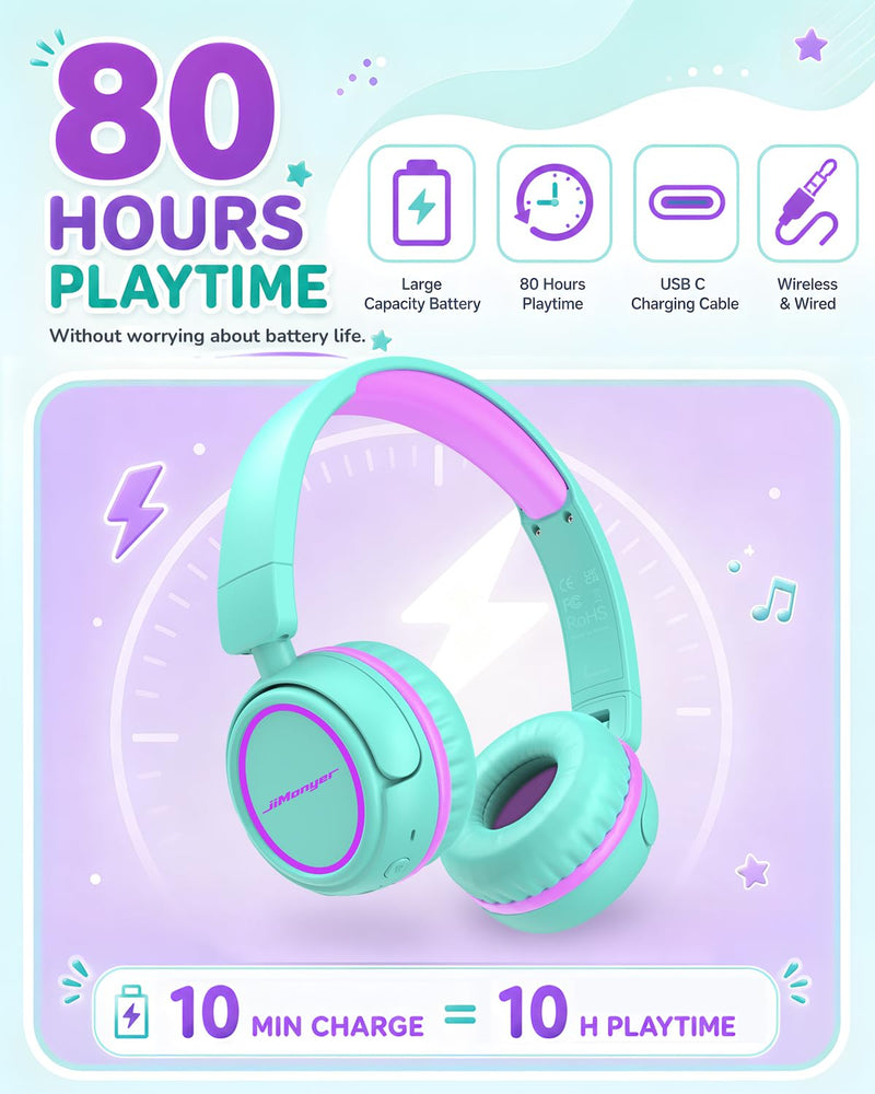 Jimonyer Kids Bluetooth Headphones for School, Travel, iPad, Tablet(Green) | 80H Playtime, Lightweight, Wireless, 85/94dB Safe Volume Limit, Bluetooth 5.4, Built-in Mic Kids Headphones for Girl Boy Greenpurple