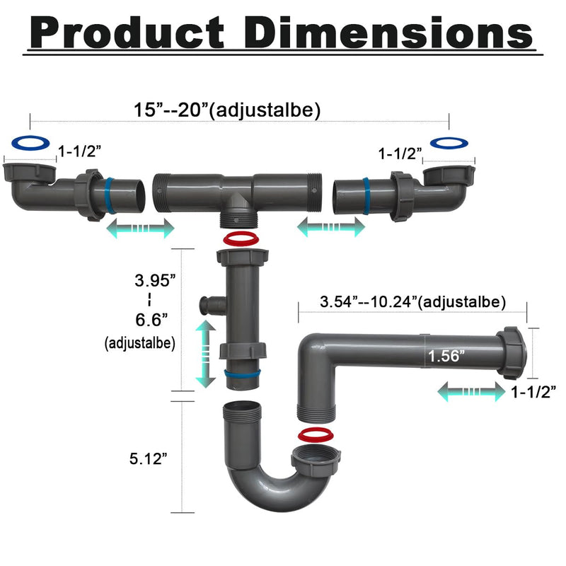 1-1/2" Double Sink Drain Pipe Kit with P-Trap, Wall-Outlet, Complete Plumbing Replacement for Double Kitchen Sinks