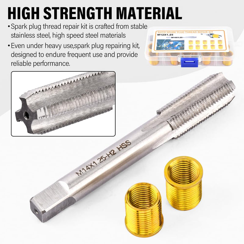 Spark Plug Thread Repair Kit, High Speed Steel Tap Spark Plug with M14x1.25 Inserts and M16x1.25 Tap Kit, Spark Plug Thread Repair Tools for Automotive Engine Repair(M12) M12