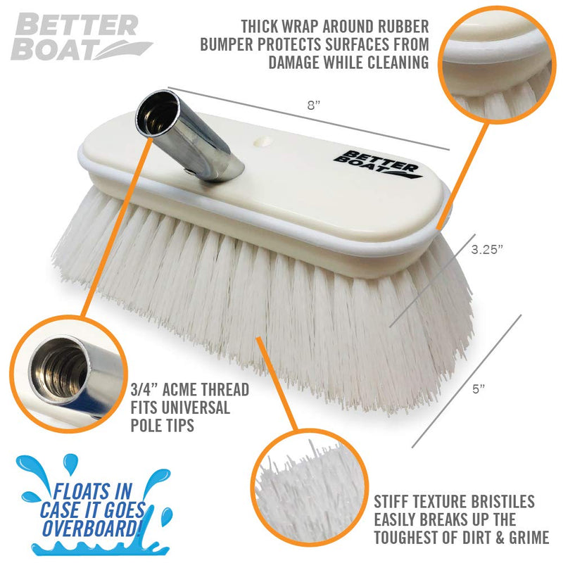 Stiff Boat Deck Brush, Heavy-Duty Marine Brush Head, 8" Firm Bristle with Bumper, 3/4" Thread Handle, for RV, Truck, and Auto Cleaning Stiff Bristles