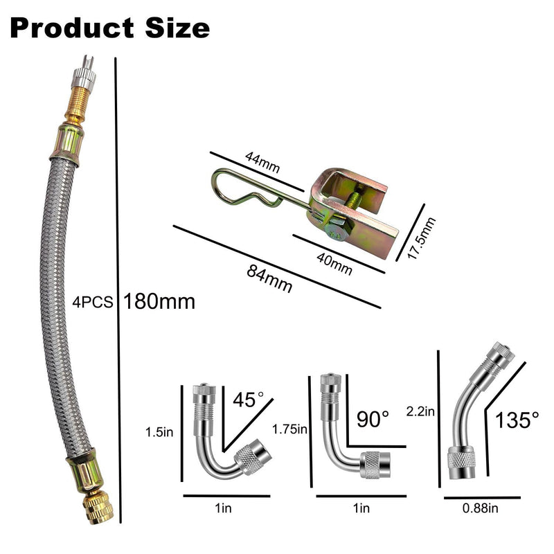 Valve Stem Extensions,4Pcs 7Inch/180mm Dual Flexible Stainless Steel Braided Valve Stem Extenders, 6 Pieces 45 90 135 Degree Brass Valve Stem Extender Tire for Most Cars Truck 4 Pack 7"/ 180 mm