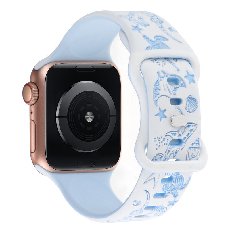 Engraved Shark Double Color Silicone Band Compatible with Apple Watch 38mm 40mm 41mm 42mm 44mm 45mm 46mm 49mm Cute Fancy Laser Sport Strap Compatible for iWatch Series SE Ultra 11 10 9 8 7 6 5 4 3 2 1 White/Blue 38mm/40mm/41mm/42mm(Series 11 10)
