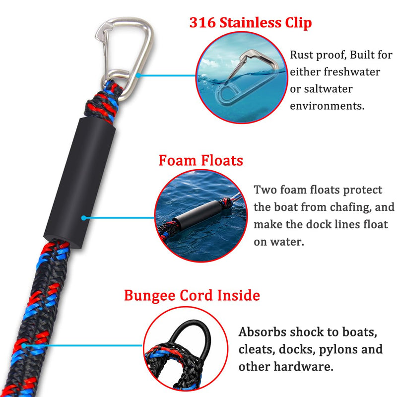 Boat Bungee Dock Lines with Clips - Shock-Absorbing Jet Ski Dock Line, PWC Accessories, Boat Mooring Line/Tie Downs for Bass Boat, Fishing Pontoon, Dinghy - 4Feet 1 Loop 1 Clip End Black Blue Red