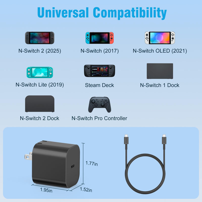 60W Charger for Nintendo Switch 2, 20V 3A AC Adapter with 5ft Cable | Fast Charging Compatible with Switch/OLED/Lite/Steam Deck, Support 4K TV Mode, Foldable Plug,Original Quality