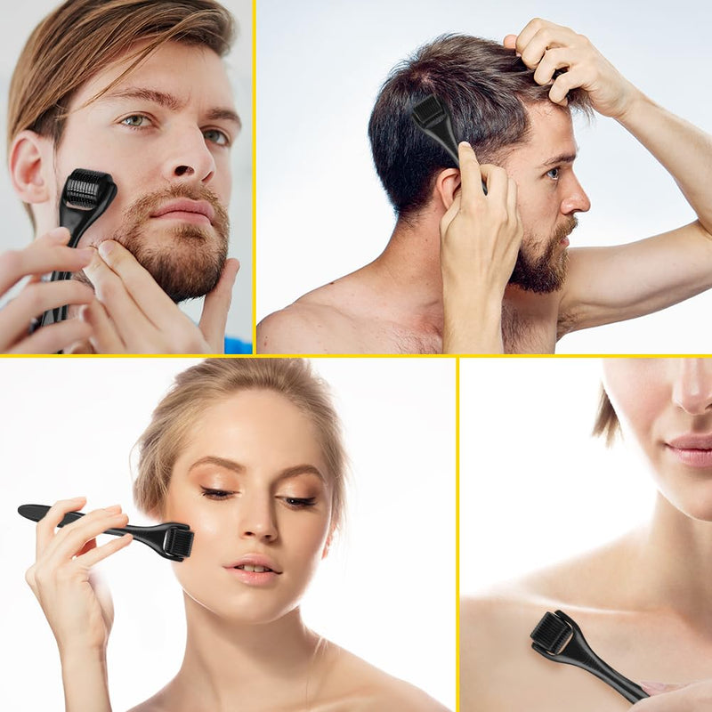 LOPHE Derma Roller, 0.5mm Microneedle Derma Roller for Men and Women, Professional Microneedling Derma Needling, Micro Needle Roller Facial Wrinkles Hair Loss Stretch Marks Hair Regrowth Black head + black handle