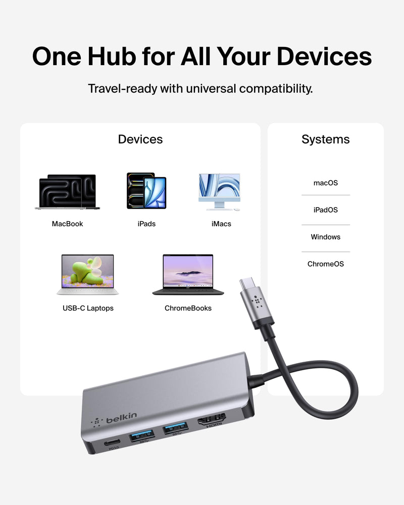 Belkin USB C Hub, 4-in-1 Multi-Port Laptop Dock with 4K HDMI, USB C Docking Station with 100 Watt Pass-Through Power Delivery, 2 X USB A Ports For MacBook Pro, Air, iPad Pro, Chromebook and More 4-in-1 USB-C Hub