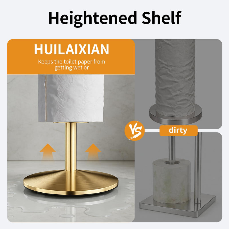 Toilet Paper Holder Stand, Stainless Steel Suction Cups Freestanding Toilet Paper Holder with Weighted Base, Storage for 4 Rolls of Paper for Bathroom (Gold) Gold