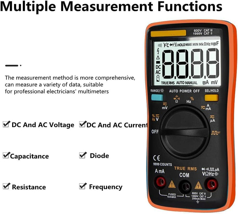 Digital Multimeter Autoranging, True-RMS Multimeter Leads Probes Clips for AC DC Voltage Ammeter Current Ohm Meter