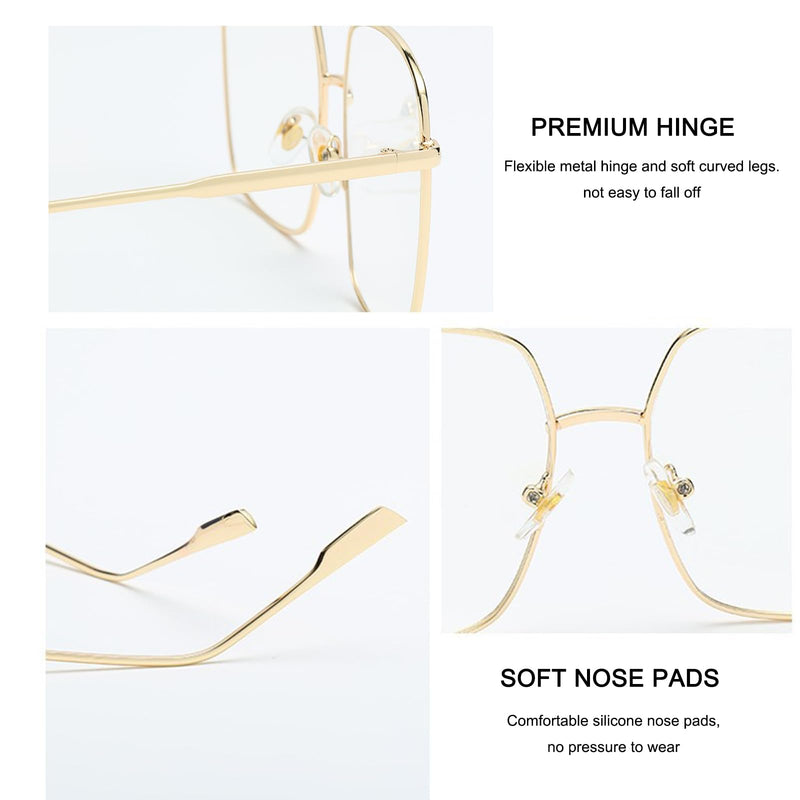 Oversized Blue Light Blocking Glasses for Women Men Metal Square Frame Computer Gaming Eyewear with UV Protection Gold