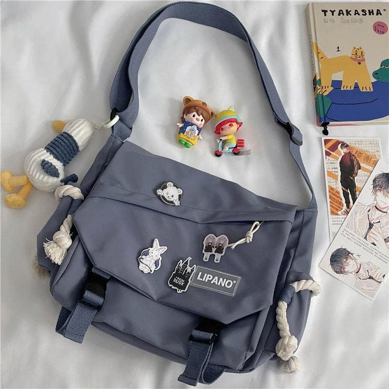 Aesthetic Crossbody Bag with Cute Pins and Ornament, Nylon Shoulder Messenger Bag Japanese Kawaii Bag for Women Men L-blue-fit Laptop