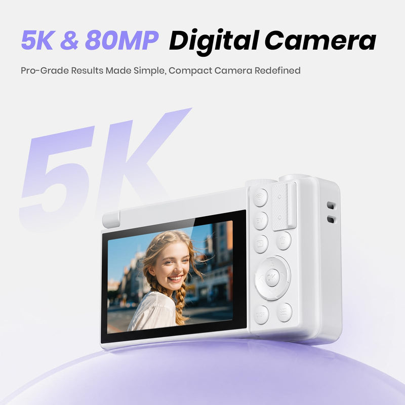 5K Digital Camera for Photography, 2026 Latest 80MP Autofocus WiFi Vlogging Camera for YouTube, 3'' 180° Flip Screen Compact Travel Camera for Beginners with 16X Zoom, 32GB TF Card, Flash (White) White