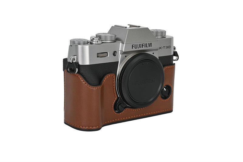 X-T30 Case, BMAOLLONGB Handmade PU Leather Half Camera Case Bag Cover Bottom Opening Version for Fujifilm X-T30 XT30 with Neck Strap Mini Storage Bag (Coffee) Coffee