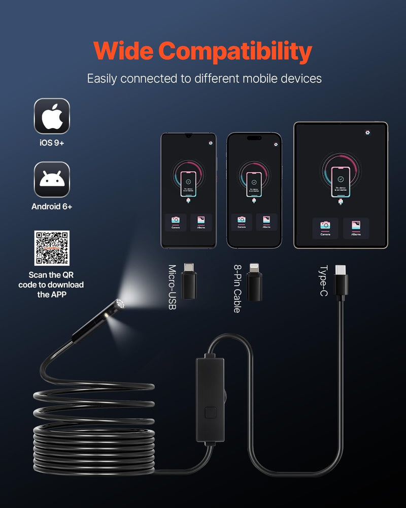 VEVOR Endoscope Camera with Light, Dual Lens Borescope for Android & iOS, 1920P HD Inspection Camera with 8 + 1 LED Light, 2X Zoom, 16.4FT Snake Cable, IP67 Waterproof Snake Camera for Auto, Plumbing