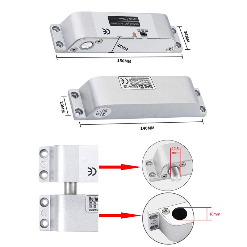 Electric Drop Bolt Lock DC 12V Fail Safe NC Mode Electronic Door Lock for Access Control Security - Surface Mounted with Time Delay