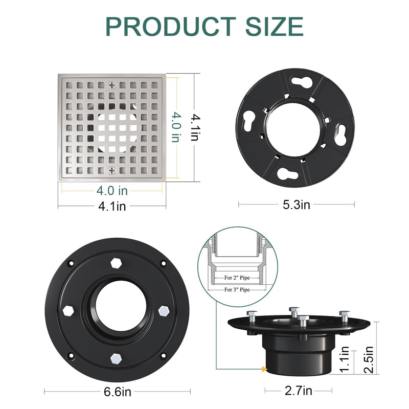 4 Inch Shower Floor Drain with Flange - Square Shower Drain with Hair Strainer - Removable Grid Strainer Cover - SUS304 Stainless Steel - Brushed Nickel