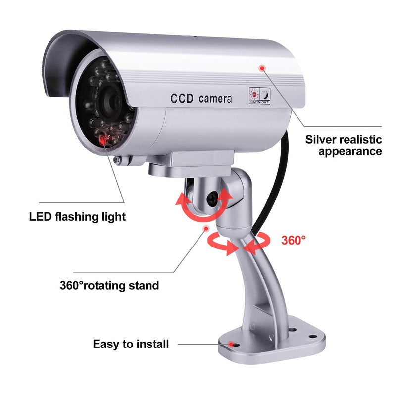 FITNATE Dummy Security Camera, 4 Packs Fake Surveillance Security CCTV Camera System with LED Red Flashing Light for Both Indoor & Outdoor Use + Security Camera Warning Stickers × 4 (Silver)