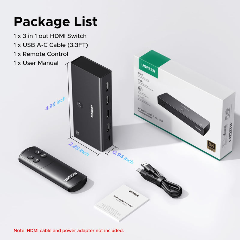 UGREEN 8K@60Hz HDMI 2.1 Switch 3 in 1 Out, with Remote, VRR, 4K@240Hz | Ultra HD, Support G-Sync, Free Sync, HDR10+ HDCP 2.3, HDMI Splitter, Compatible with PS4/PS5, Xbox, Switch, Roku, Fire Stick