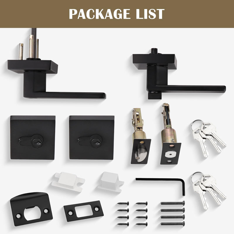 1 Pack Flat Black Square Entry Levers Locksets and Double Cylinder Deadbolts Combination Set, Heavy Duty Front Door Office Entrance Levers, Keyed Alike(All Same Keys) 1 Pack Modern Light Black