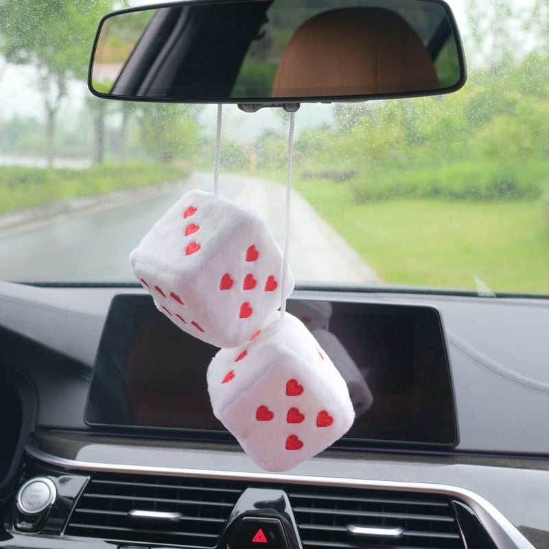 Pair 3” Fuzzy Plush Dice Heart Shape Decor for Car Rearview Mirror, Retro Square Decoration Dice for Car Hanging Accessories (Black-Red) Black-red